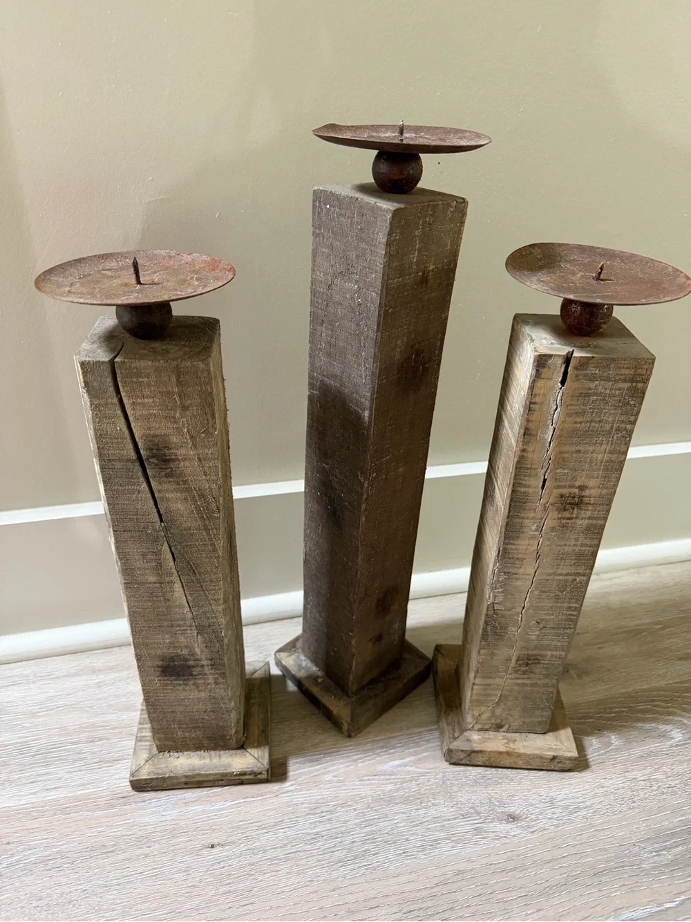 Rustic Wood Pillar Candle Holders - Set of 3